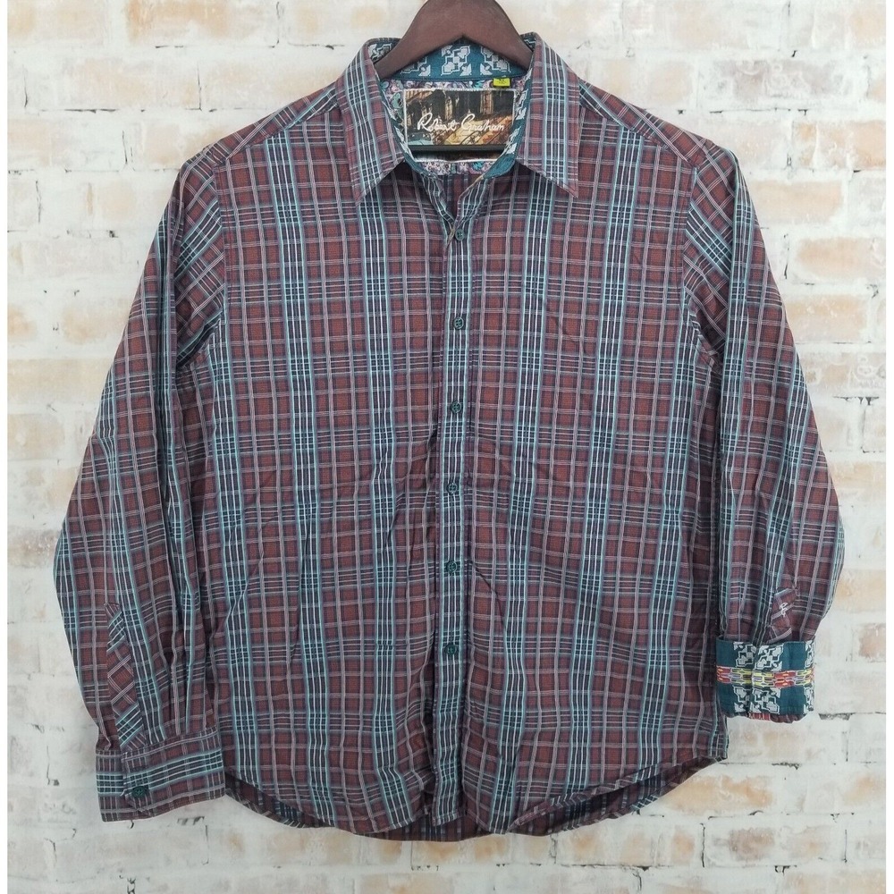 Robert Graham Plaid Purple Blue Long Sleeve Button Up Shirt Men's XL Flip Cuff
